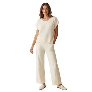Sincerely Jules Cream Cotton/Acrylic Ribbed Knit Loungewear Set - Top & Wide-Leg